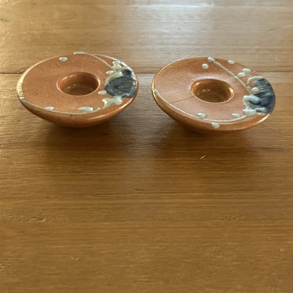 Vintage German Pottery Candle Holders Pair Orange Blue Floral Handmade Decor Set